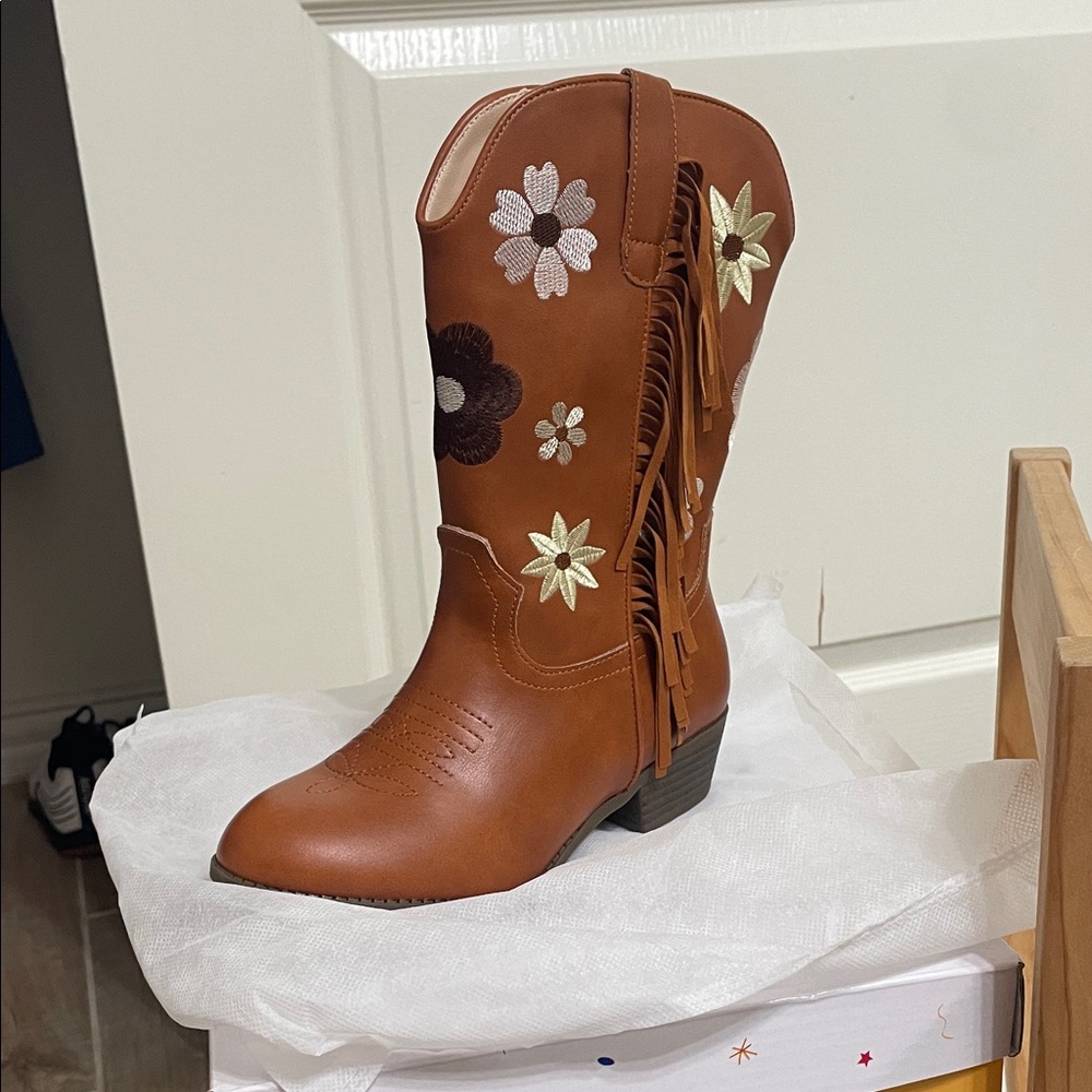 Kids Brown Floral Fringe Western Boots